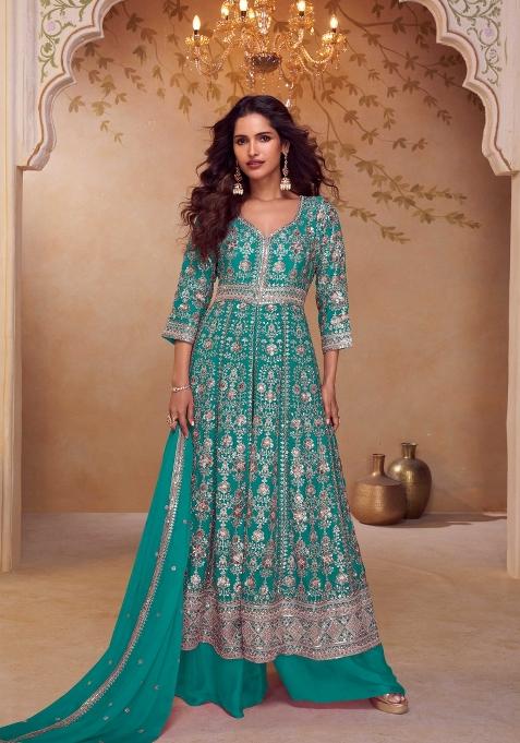 Turquoise Blue Embroidery Chinon Kurta Set