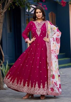 Rani Pink Embroidery Georgette Kurta With Dupatta