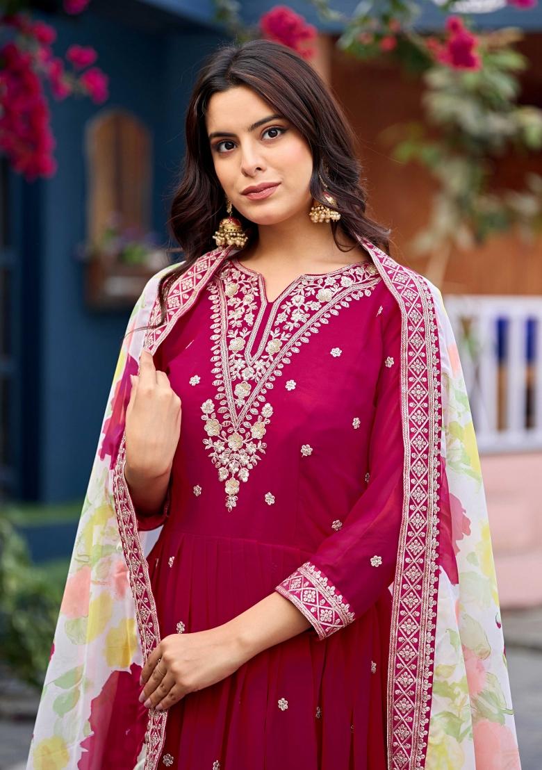 Rani Pink Embroidery Georgette Kurta With Dupatta - Indya