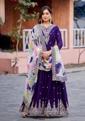 Purple Embroidery Georgette Kurta With Dupatta