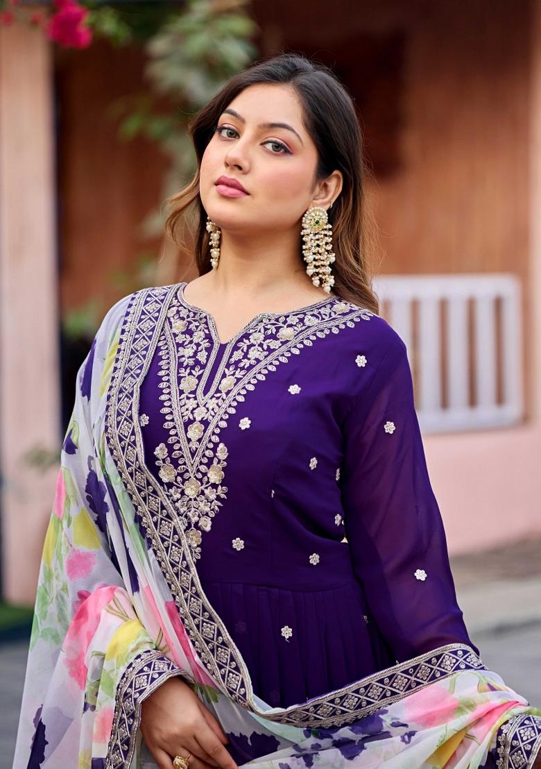 Purple Embroidery Georgette Kurta With Dupatta - Indya