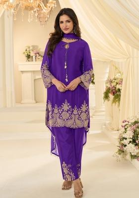 Purple Embroidery Chinon Kurta Set