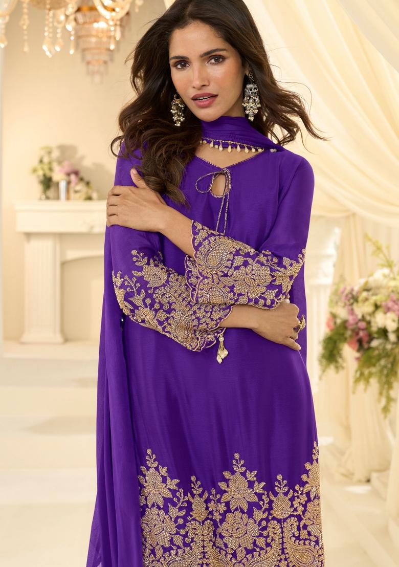 Purple Embroidery Chinon Kurta Set - Indya