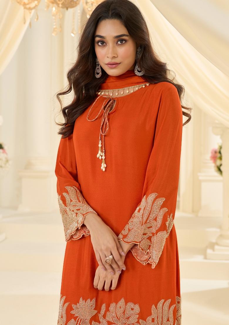 Orange Embroidery Chinon Kurta Set - Indya