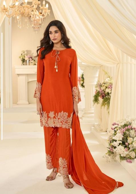 Orange Embroidery Chinon Kurta Set