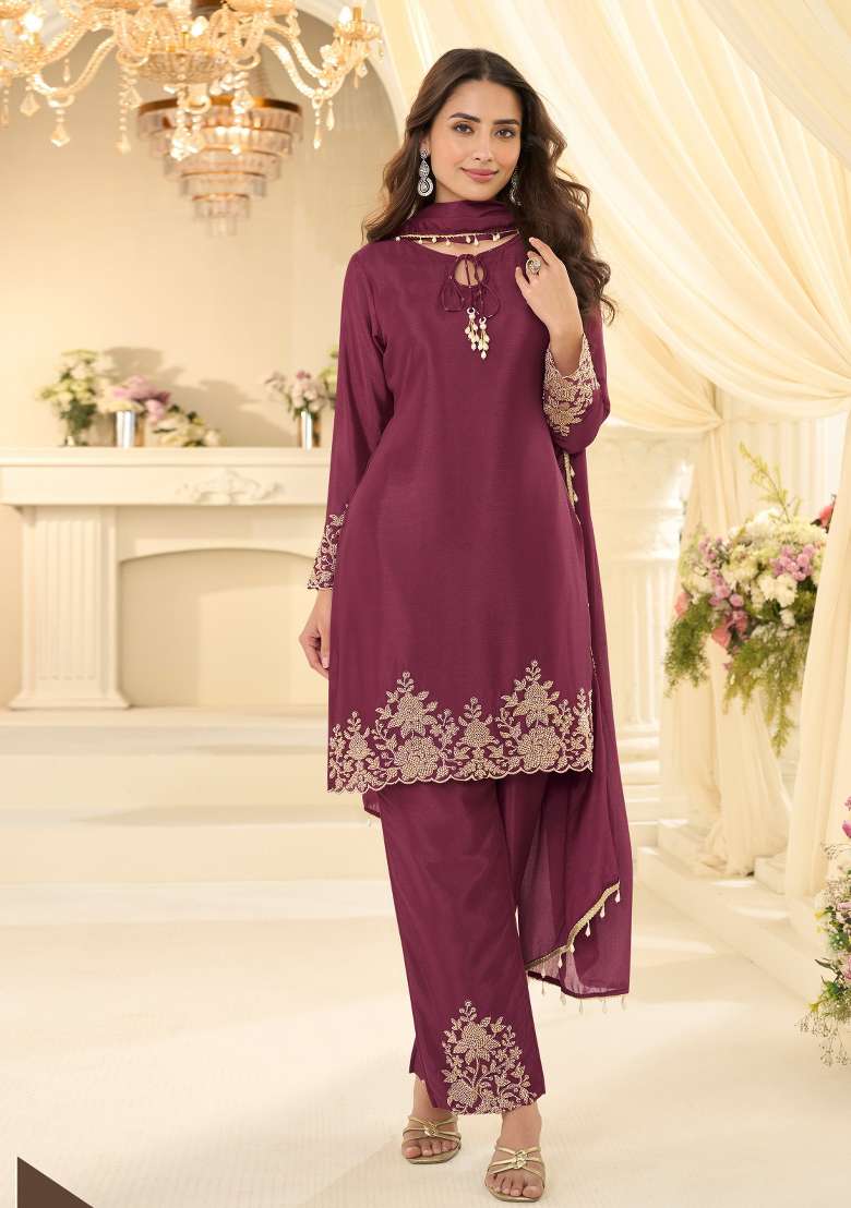 Wine Embroidery Chinon Kurta Set - Indya