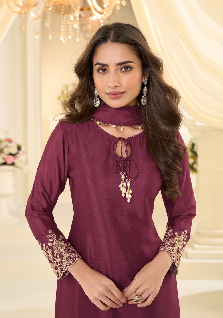 Wine Embroidery Chinon Kurta Set - Indya