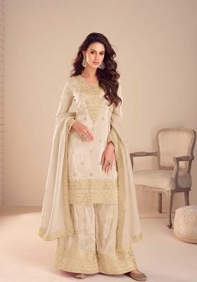 Beige Embroidery Silk Kurta Set