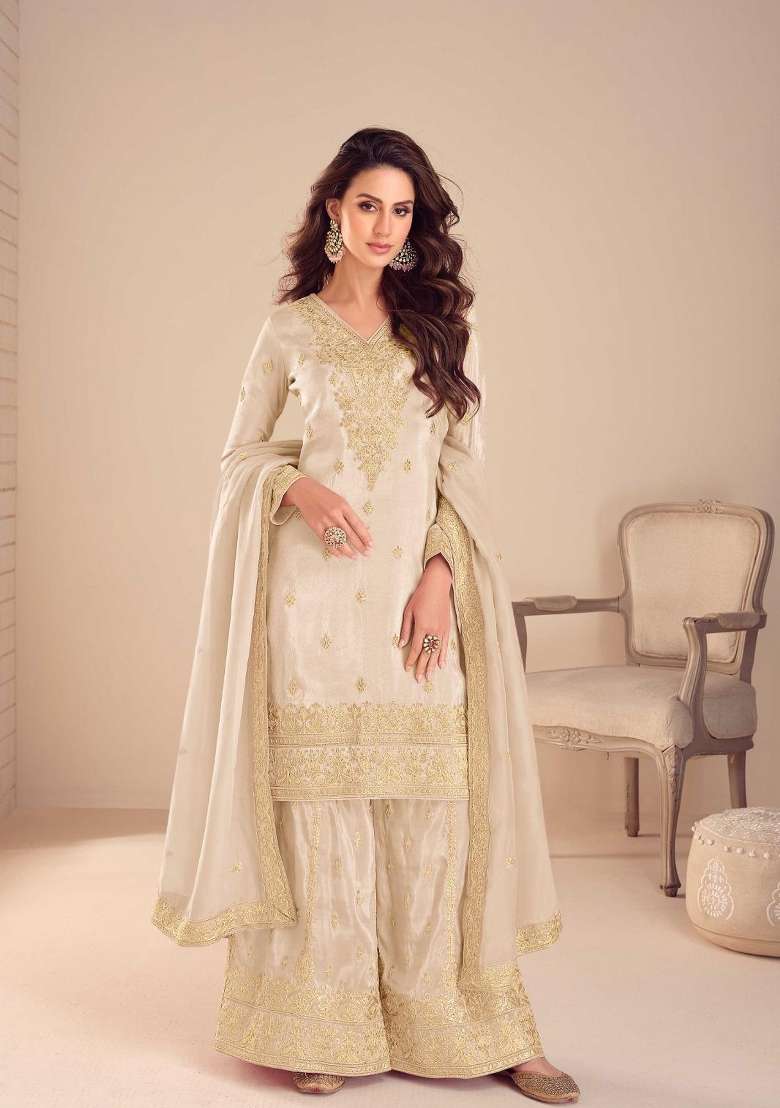 Beige Embroidery Silk Blend Kurta Set - Indya