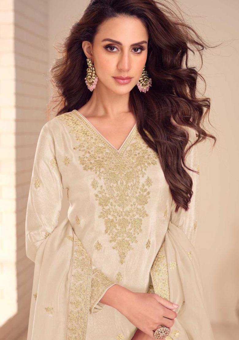 Beige Embroidery Silk Kurta Set - Indya