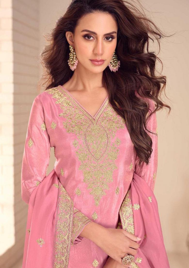 Pink Embroidery Silk Kurta Set - Indya