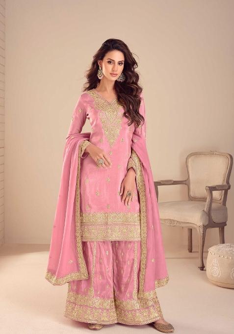 Pink Embroidery Silk Kurta Set