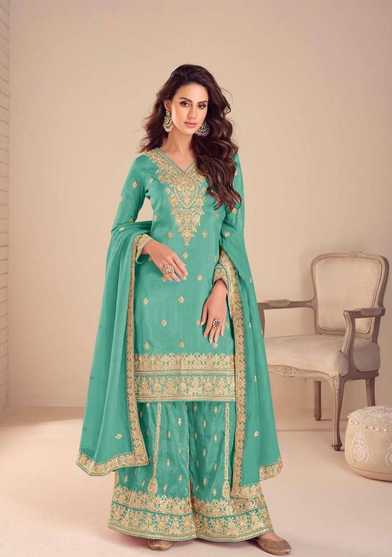 Turquoise Blue Embroidery Silk Blend Kurta Set - Indya