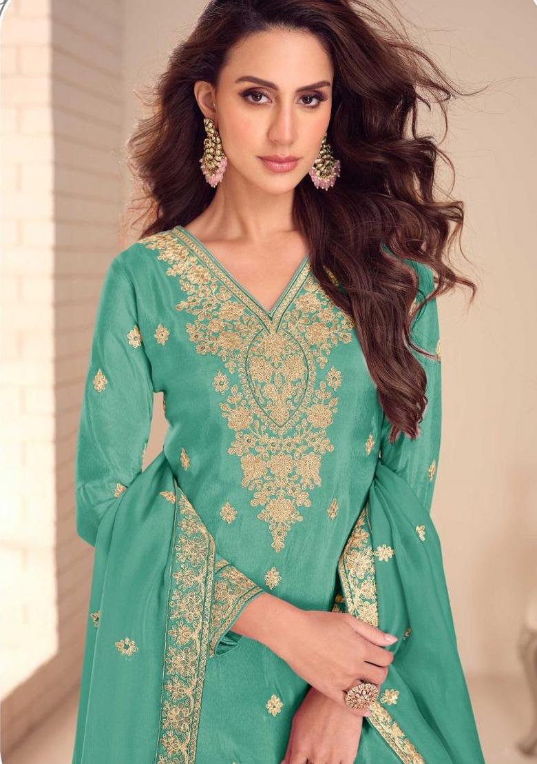 Turquoise Blue Embroidery Silk Kurta Set - Indya