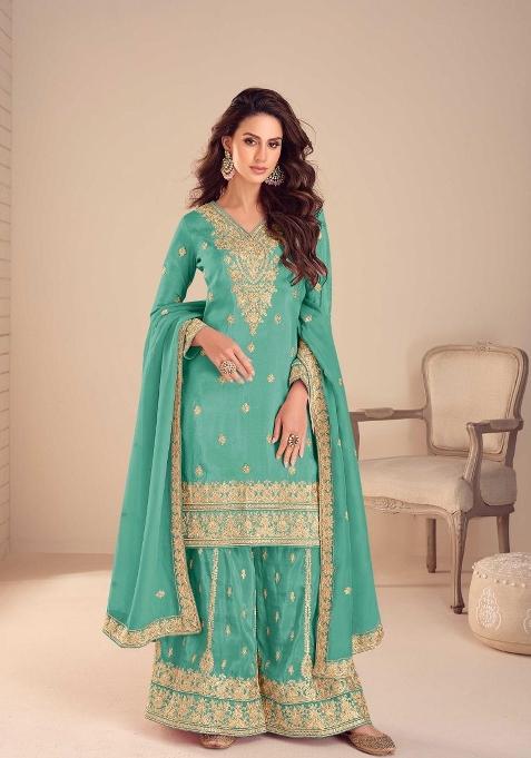 Turquoise Blue Embroidery Silk Blend Kurta Set