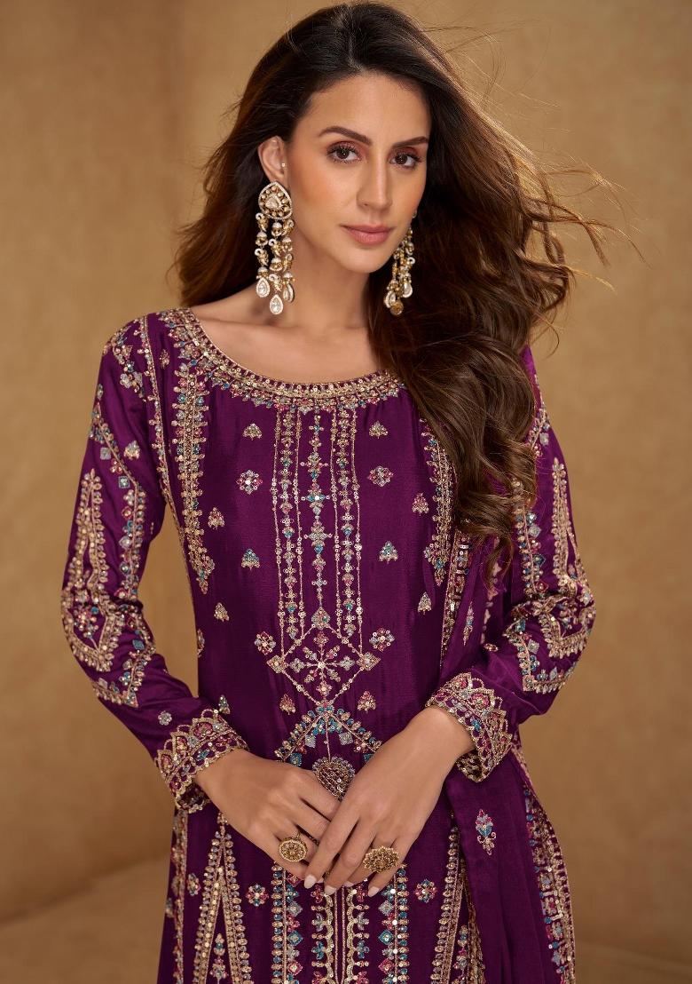 Wine Embroidery Chinon Kurta Set - Indya