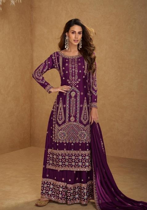 Wine Embroidery Chinon Kurta Set