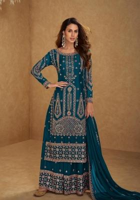 Teal Blue Embroidery Chinon Kurta Set