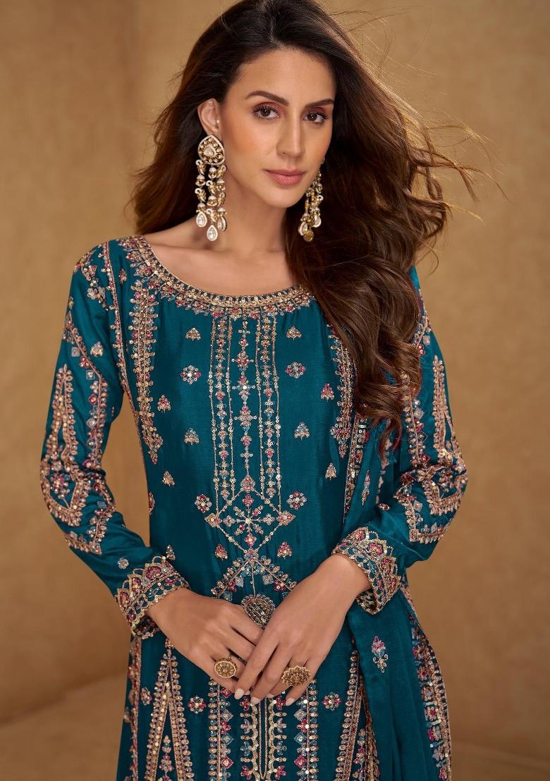 Teal Blue Embroidery Chinon Kurta Set - Indya