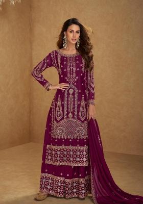 Maroon Embroidery Chinon Kurta Set