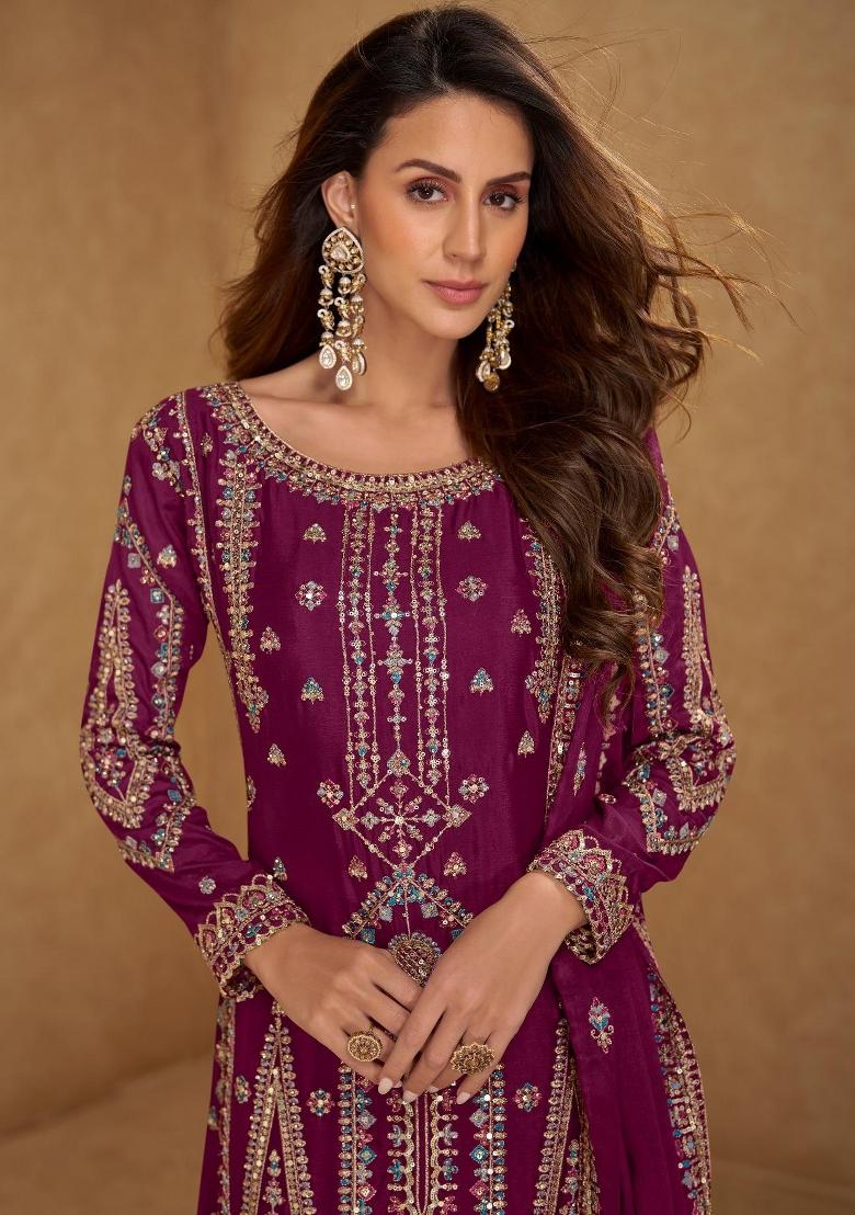 Maroon Embroidery Chinon Kurta Set - Indya