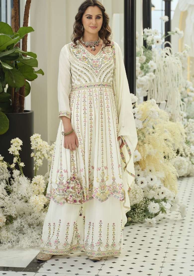 White Embroidery Chinon Kurta Set - Indya