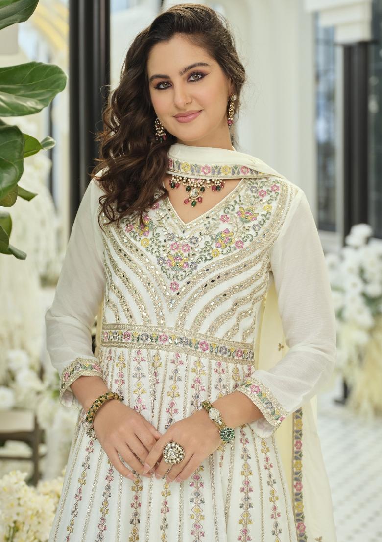 White Embroidery Chinon Kurta Set - Indya