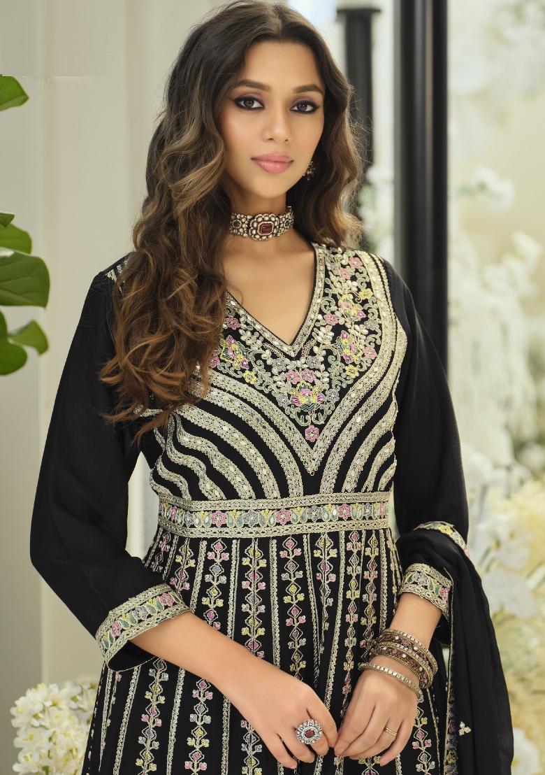 Black Embroidery Chinon Kurta Set - Indya