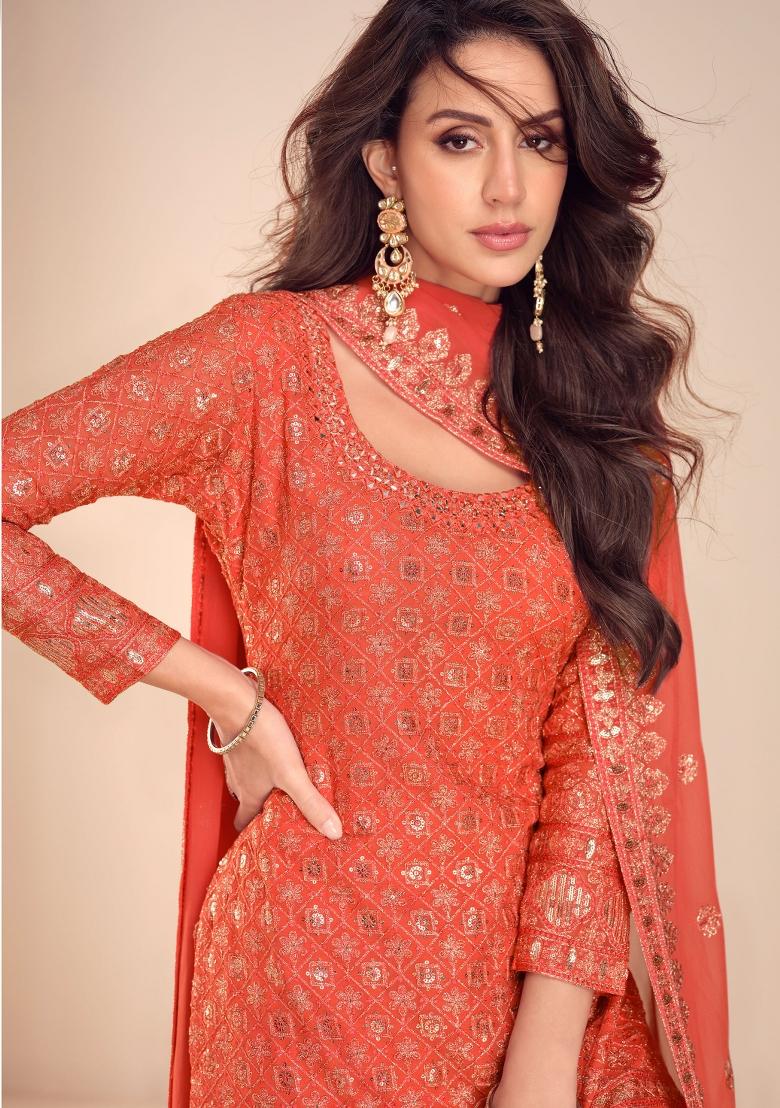 Orange Embroidery Georgette Kurta Set - Indya