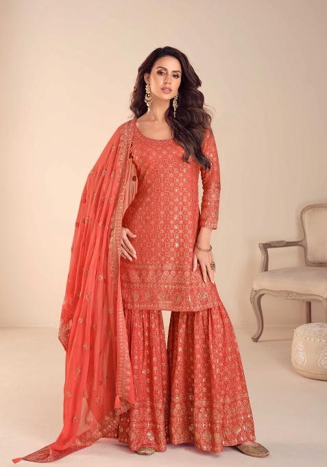 Orange Embroidery Georgette Kurta Set