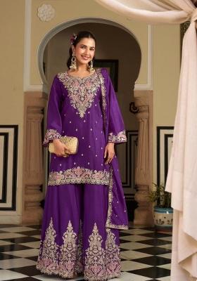 Purple Embroidery Chinon Kurta Set