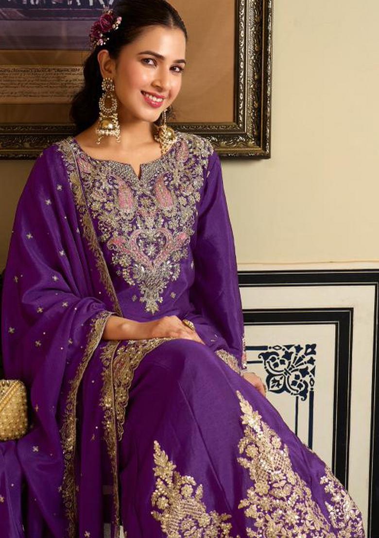 Purple Embroidery Chinon Kurta Set - Indya