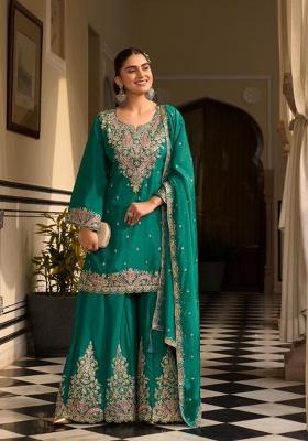 Teal Green Embroidery Chinon Kurta Set