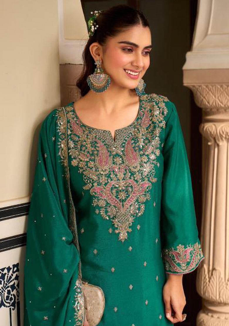 Teal Green Embroidery Chinon Kurta Set - Indya