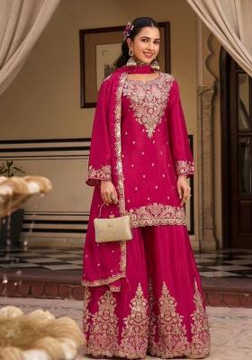 Rani Pink Embroidery Chinon Kurta Set
