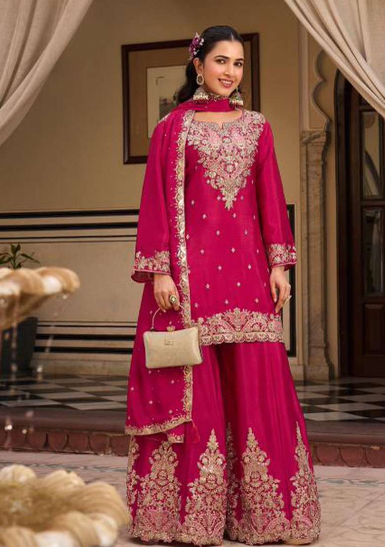 Rani Pink Embroidery Chinon Kurta Set - Indya
