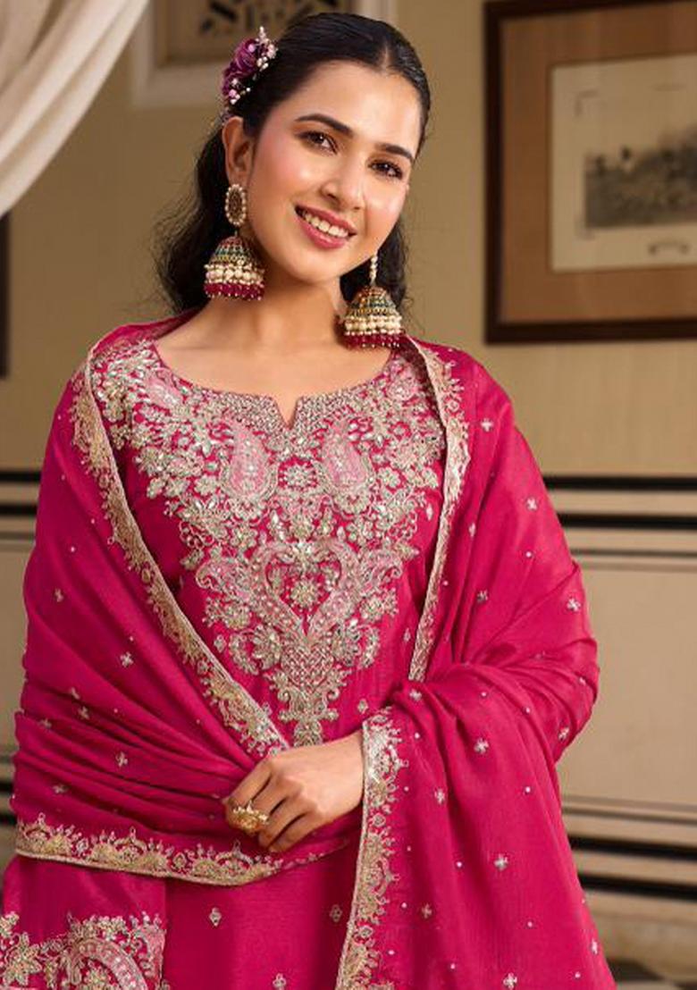 Rani Pink Embroidery Chinon Kurta Set - Indya