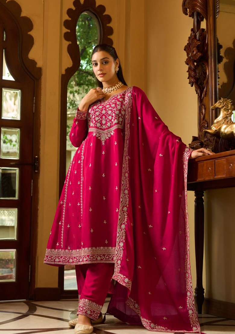 Rani Pink Embroidery Chinon Kurta Set - Indya