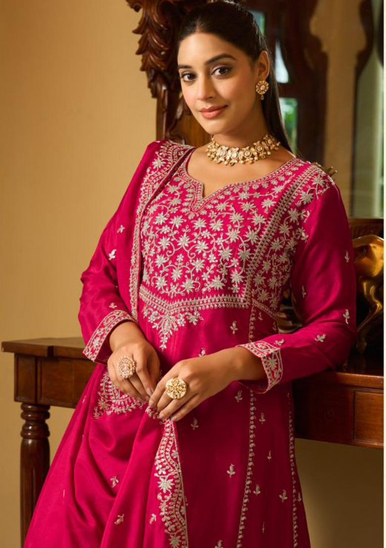 Rani Pink Embroidery Chinon Kurta Set - Indya