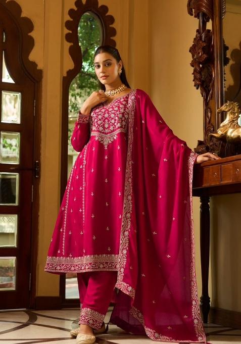 Rani Pink Embroidery Chinon Kurta Set