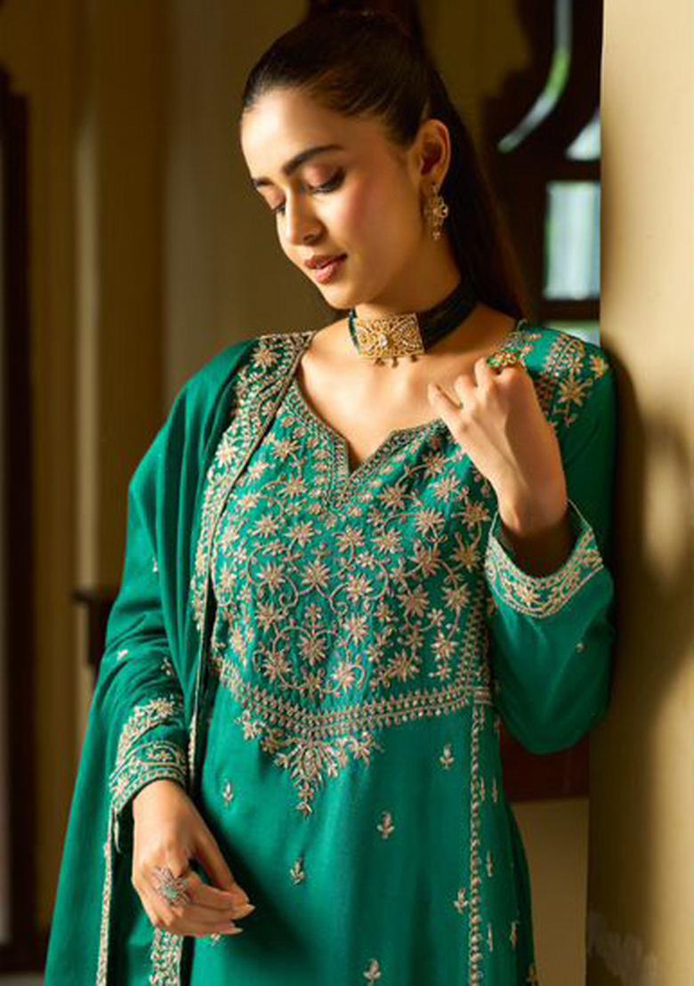 Rama Green Embroidery Chinon Kurta Set - Indya