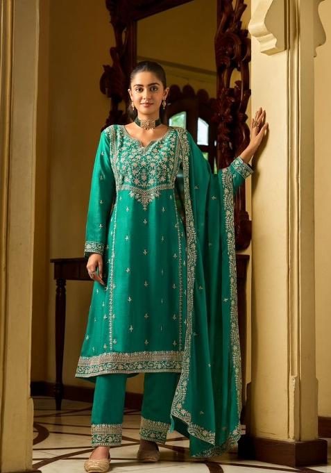 Rama Green Embroidery Chinon Kurta Set