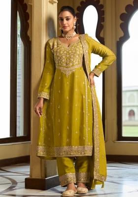 Mustard Embroidery Chinon Kurta Set