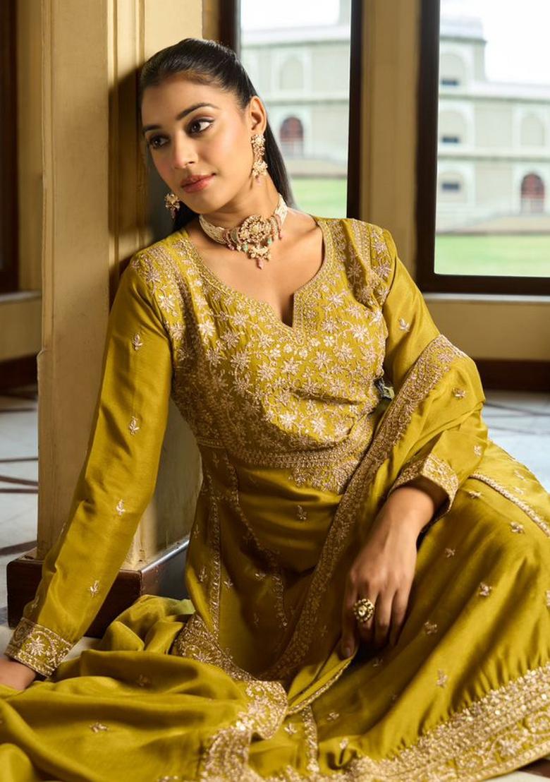 Mustard Embroidery Chinon Kurta Set - Indya