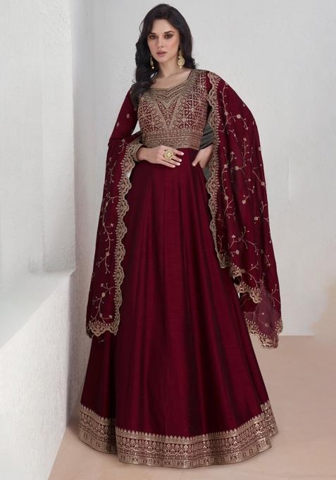 Wine Embroidery Silk Kurta With Dupatta