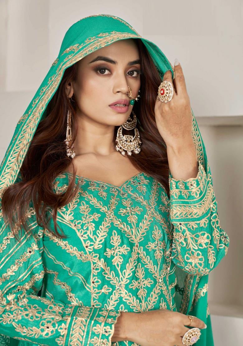 Blue Embroidery Chinon Salwar Kameez - Indya