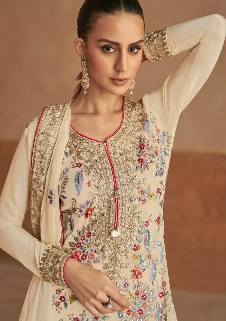 Blue Embroidery Chinon Salwar Kameez - Indya