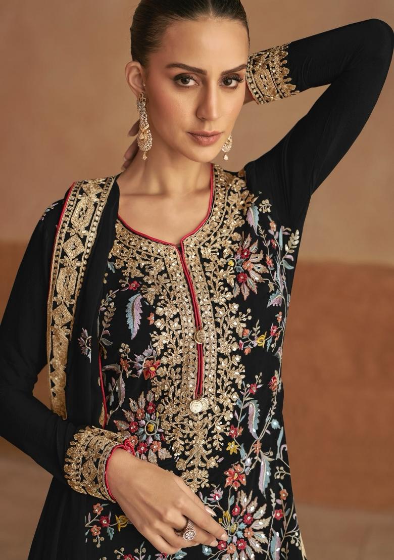 Sea Green Embroidery Chinon Salwar Kameez - Indya