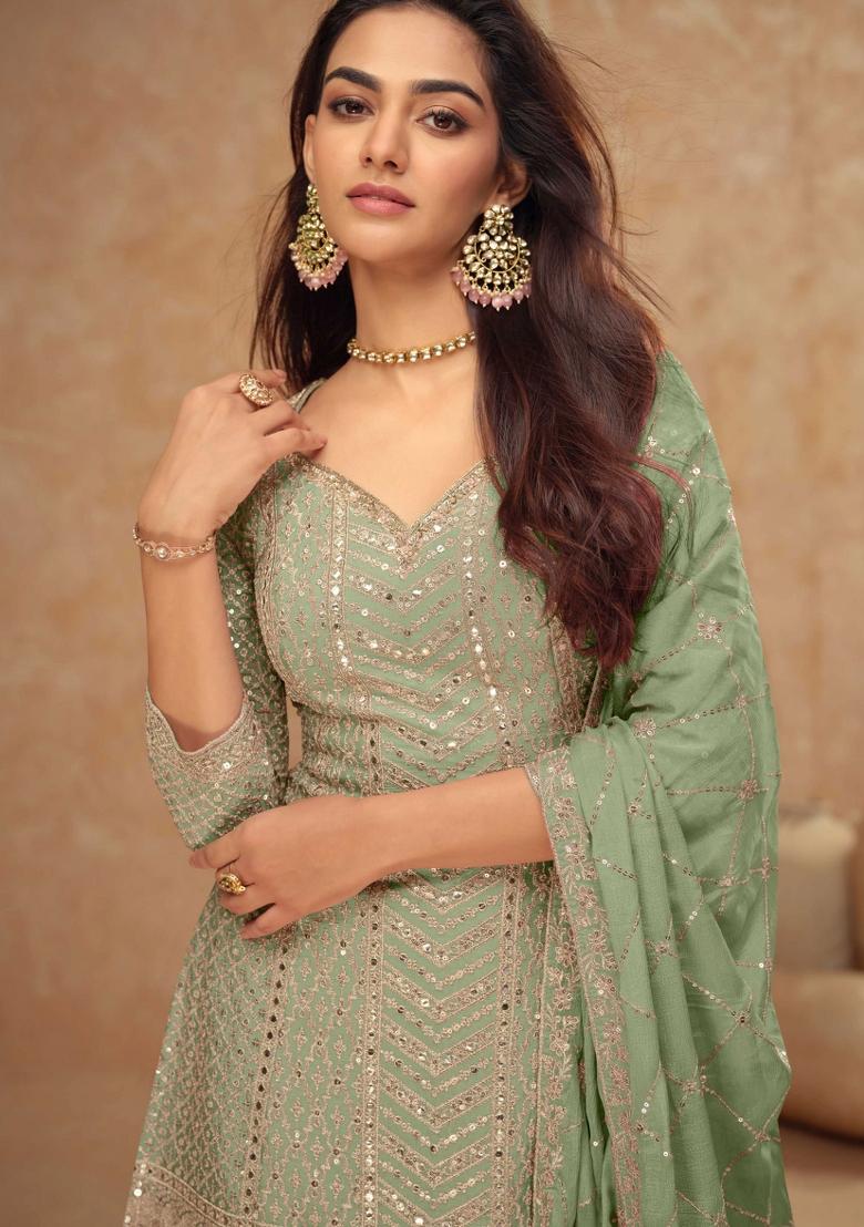 Red Embroidery Chinon Salwar Kameez - Indya