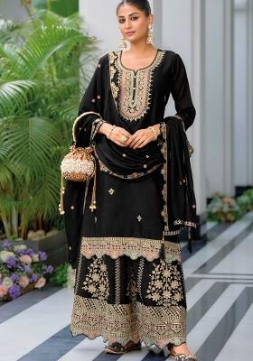Navy Blue Embroidery Chinon Salwar Kameez